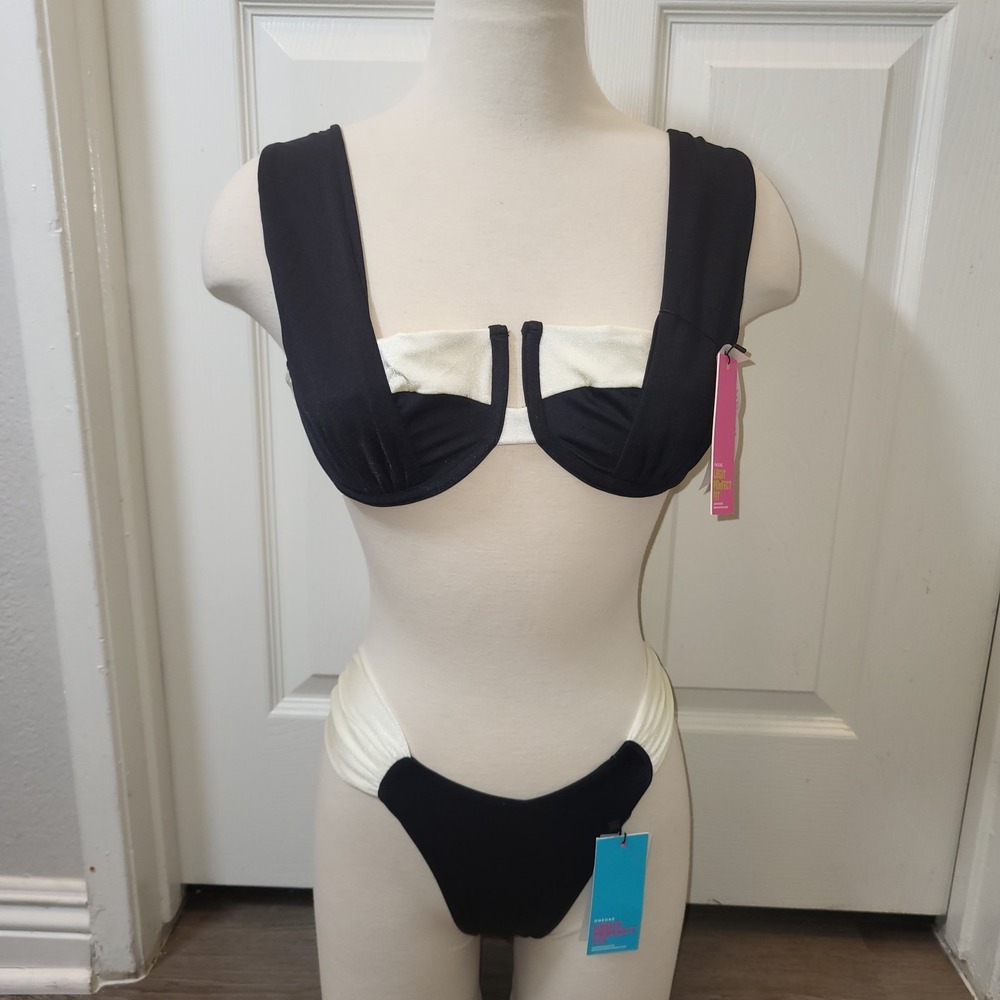 One One Legit Perfect Fit Swimwear Two Piece Bikini Size Small Black & Cream